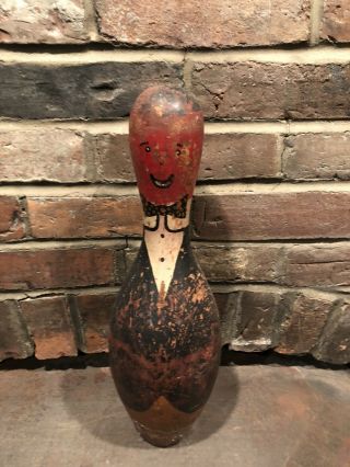 Antique Primitive Folk Art Hand Painted Wooden Bowling Pin Man Aafa