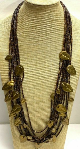 Vintage Brass Leaf Sea Shell Heishi Bead Multi 10 Strands Necklace G20