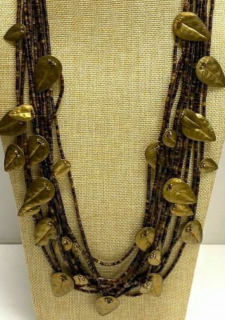 Vintage Brass Leaf Sea Shell Heishi Bead Multi 10 Strands Necklace G20 2