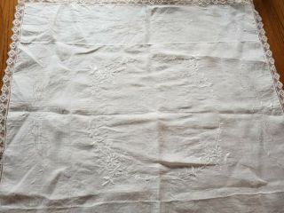 Vintage White Linen Tablecloth Embroidered With Cut - Work And Lace