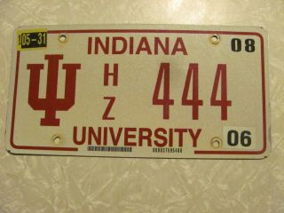 2007 Indiana University License Plate Hz444 I.  U.