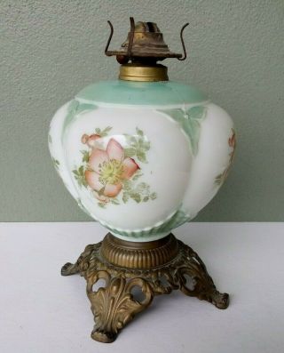 Antique Milk Glass Oil Lamp W/ Cast Iron Base