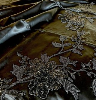 Vintage Beaded Black Silk Satin Chinese Fabric 46x64” For Cheongsam Dress Sewing