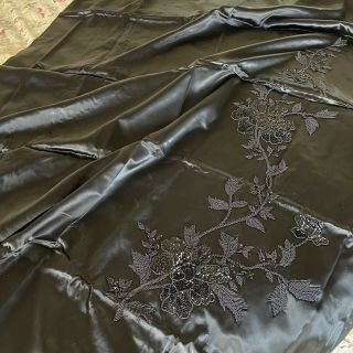 Vintage Beaded Black Silk Satin Chinese Fabric 46x64” For Cheongsam Dress Sewing 3