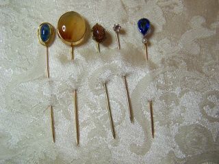 Antique Stick Pins,  Fine And Semi - Fine,  1 - 14k Gold Pin,  5 Pins Total