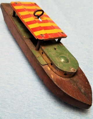 1920 - 1930 Wooden & Tin Antique Metal Wind - Up Toy Boat/vintage Early Water Toy