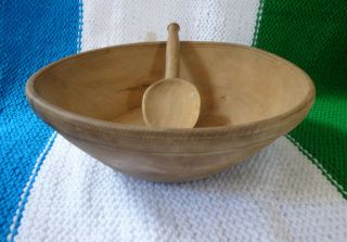 A Lovely Antique French Turned Wood Dairy Bowl With Carved Spoon Rustic Vintage