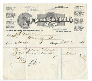 1902 Brunswick Balke Collender Billiard Table Bowling Alley Mfg Co Vtg Invoice