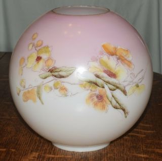 Antique Ball Globe Victorian Gwtw Kerosene Oil Lamp Large Floral Pink Shade 9 "