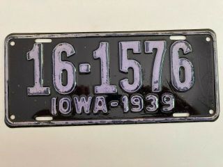 1939 Iowa License Plate All Paint,  But Clear Coated Decades Ago