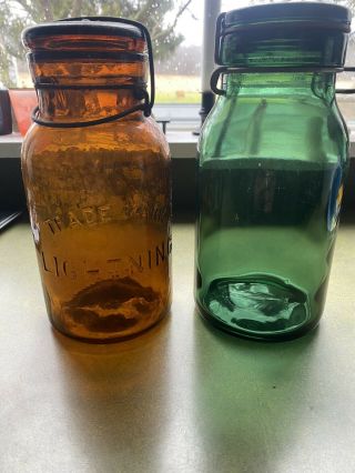 Antique Vintage Rare Green Bulach & Amber Lightning Putman Mason Jar Canning