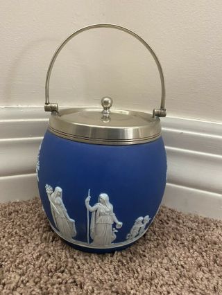Wedgwood Jasperware Dark Blue Colbalt Biscuit Barrel Cookie Jar With Lid,  Vtg