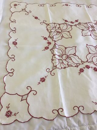 Vintage Linen Table Cover.  White W/purple Floral Design.  33 In.  Square.