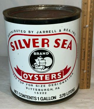 Antique Silver Sea Oysters Tin Litho 1gal Can Pittsburgh Pa Seafood Fish Grocery