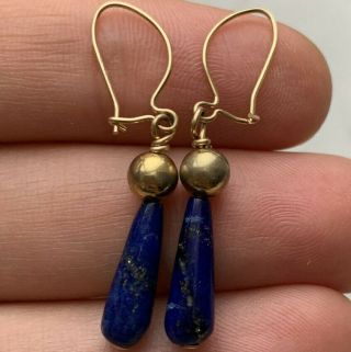 Vintage 14k 585 14ct Yellow Gold Lapis Lazuli Drop Bead Antique Pierced Earrings