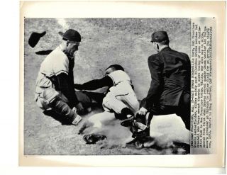 Vintage 1960 Ap Wire Photo Willie Mays Sliding Into Home Vs Milwaukee Braves