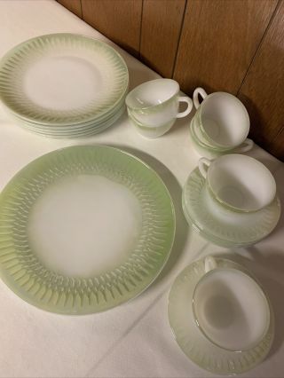 Vintage Dishes Green Pearl Starburst Coffee/tea Set Service For Six