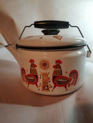 Vtg Georges Briard Rooster Pattern Enamelware Tea Pot Kettle With Lid