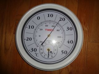 Vintage Timex Patio Wall Thermometer And Clock White - 11 1/6 "