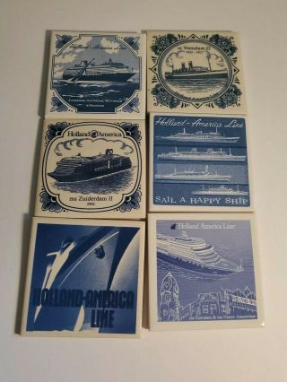 6 Vintage Holland America Line Porcelain Delft Blue Tile Cruise Ship Coasters