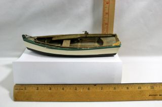 Vtg Wood Model Ship 8 - 5/8 " Handmade Skiff / Rowboat W/ Oar - White,  Green Trim