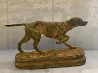 French Solid Bronze Sculpture Of A Pointer Hunting Dog