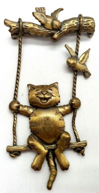 Stunning Vintage Estate Signed Jj Gold Tone Cat On A Swing 3 " Brooch 3907n