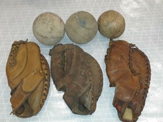 3 Vintage First Base Mitts And 3 Vintage Softballs Rawlings Tm55 Hutch T50