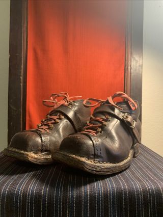 Vintage Brown Leather 40s 50s Telemarking German Ski Boots Rustic Cabin Decor
