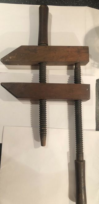 Antique Vintage Wooden Double Threaded Hand Screw Joiners Clamp,  10 " Jaws 142