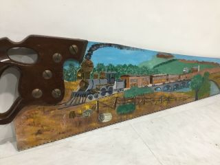 Antique Disston Saw W/thumb Hole Hand Painted Train In Country Scene Signed