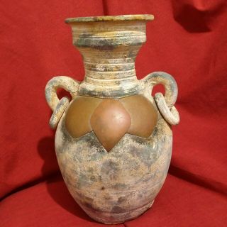 Vtg Clay Antique Primitive Unglazed Terracotta Pottery Vase Jug 2 Handles 11,  5 "