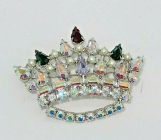 Vintage B David Rhinestone Crown Brooch Pin Jewelry (5e)