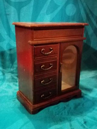 Antique Wooden 4 Drawer Stand Up Jewelry Box With Glass Door And Flip Open Top