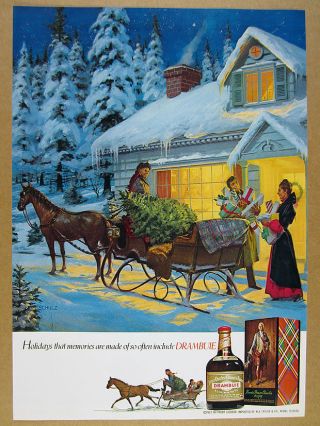 1975 Drambuie Liqueur Horse Sled Christmas Tree Gifts Snow Art Vintage Print Ad