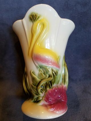 Hull Colorful Vintage Pottery Vase Tropical Bird & Hibiscus Design.  9 " Tall