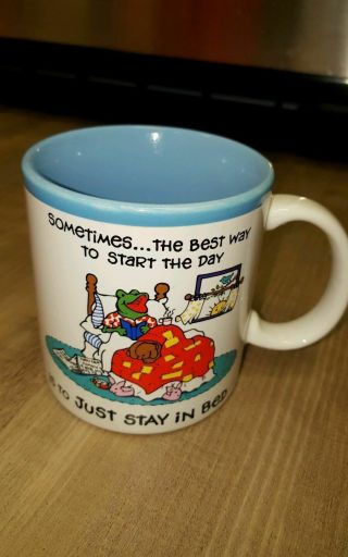 Rare Vtg Coffee Mug 1986 Raj Just Stay In Bed Funny Mug Novelty