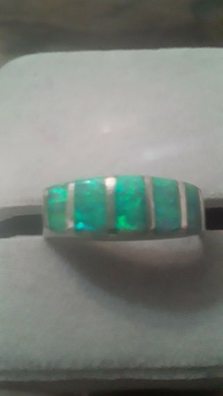 Vintage Mexico Sterling Ring Taxco With Gorgeous Green Inlay Opal Ring Signed