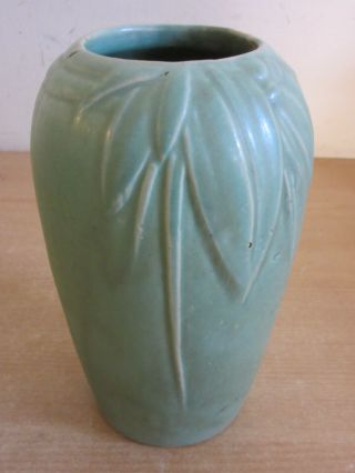 Antique Arts & Crafts Studio Pottery Matte Green Vase Bamboo Leaves 8.  25 "