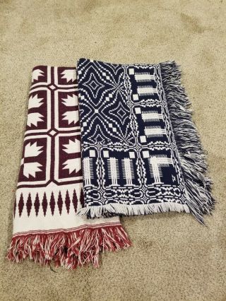 2 Vintage Woven Tapestry Throw Blankets,  Red 43 X 48 & Blue 44 X 51