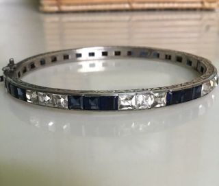 Antique Art Deco Blue & Clear Rhinestone Sterling Silver Bangle Bracelet Ornate
