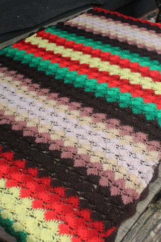 Vintage Handmade Crochet Afghan/throw Stripes Of Brown Red Green Yellow