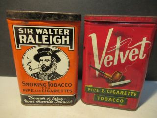 2 Old Empty Tobacco Tins Sir Walter Raleigh,  Velvet Vintage Old Pipe Cigarette