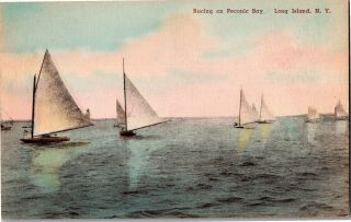 Sailboats Racing On Peconic Bay Long Island Ny Hand Colored Vintage Postcard Q06