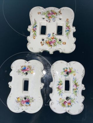 Vintage Arnart Japan Porcelain Set Of 3 Light Switch Covers Floral 6712 & 7007