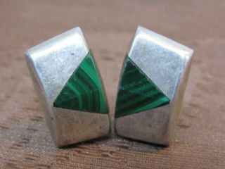 Vtg.  Sterling Taxco Mexico Malachite Clip On Earrings 7g Th - 189 Mh