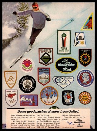 1970 United Airlines Sun Valley Aspen Badger Pass Yosemite Ski Patches Print Ad