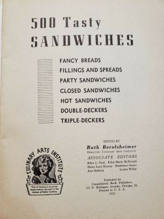 Vintage 1950 Culinary Arts Institute Cookbook 500 Tasty Sandwich Recipes 3
