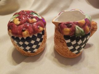 Vintage Ceramic Sugar And Cream Set Euc Basket Of Apples Checker Glazed 3 Pc