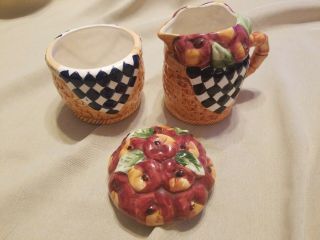 Vintage Ceramic Sugar And Cream Set EUC Basket of Apples Checker Glazed 3 pc 2